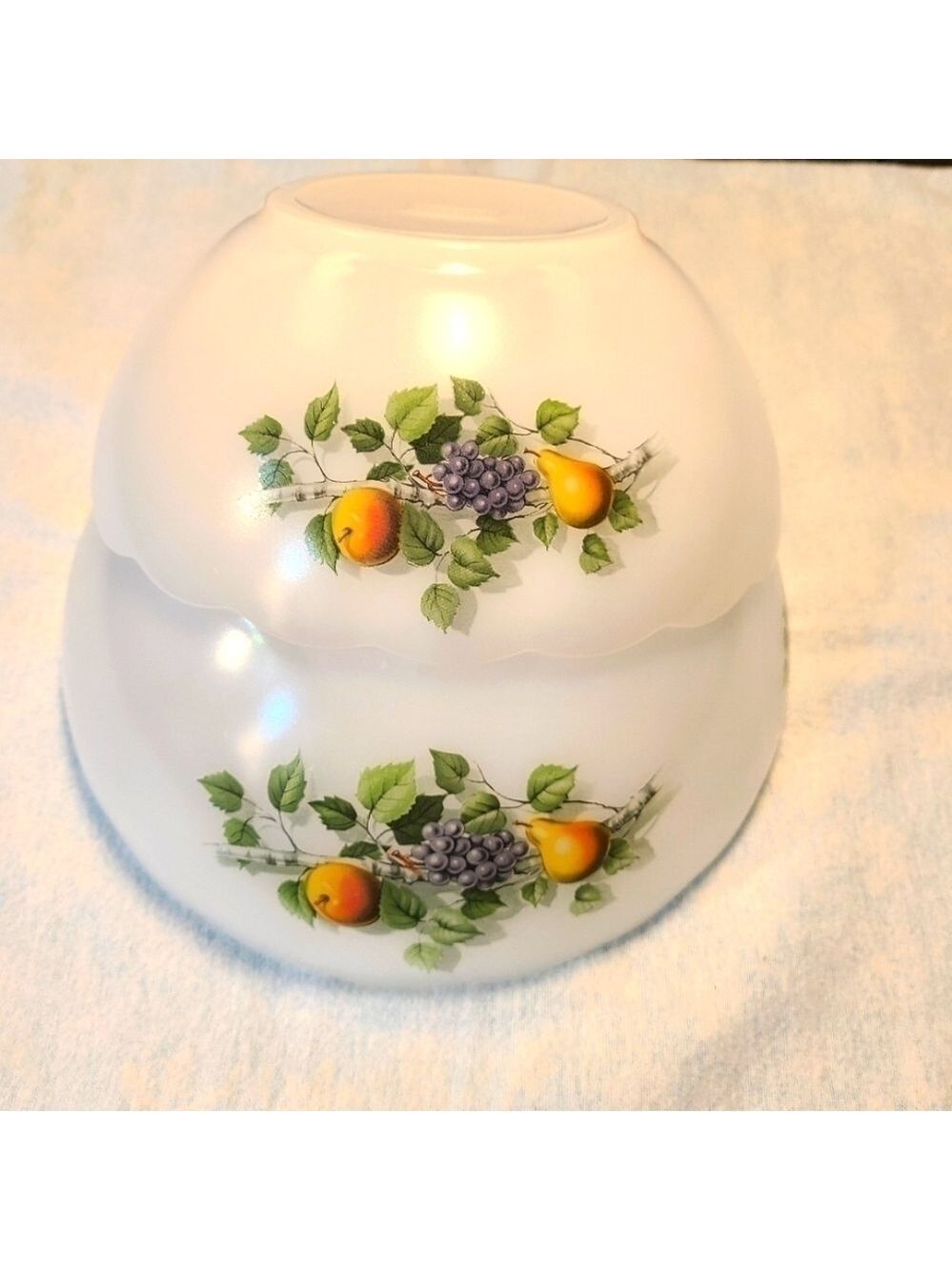 Vintage Milk Glass Mixing Bowls Set Scalloped Edge Fruits de France Opal Nesting